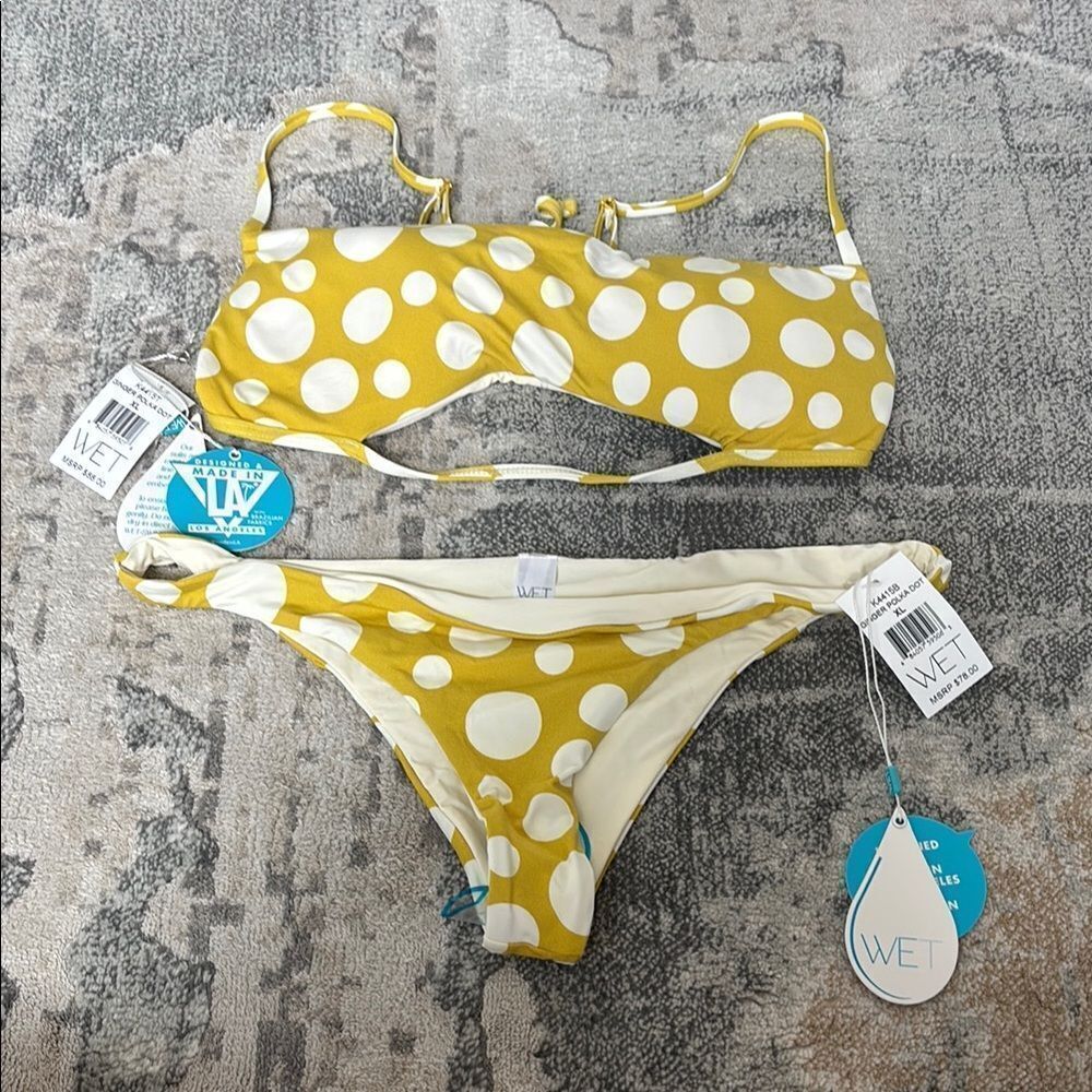 Yellow and White Polka Dot Bikini Swimwear